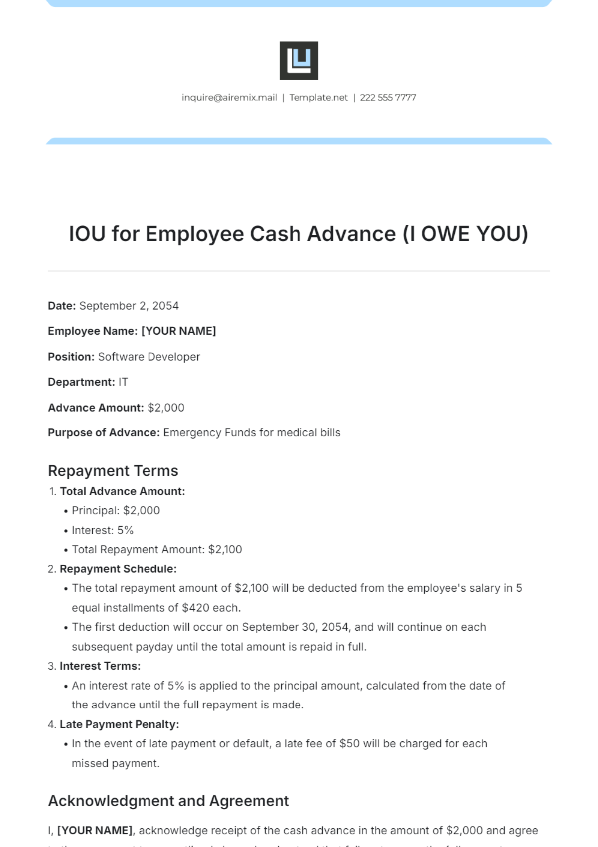 IOU for Employee Cash Advance Template - Edit Online & Download