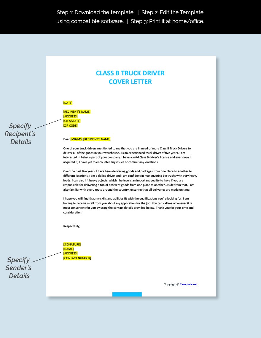 Class B Truck Driver Cover Letter Template