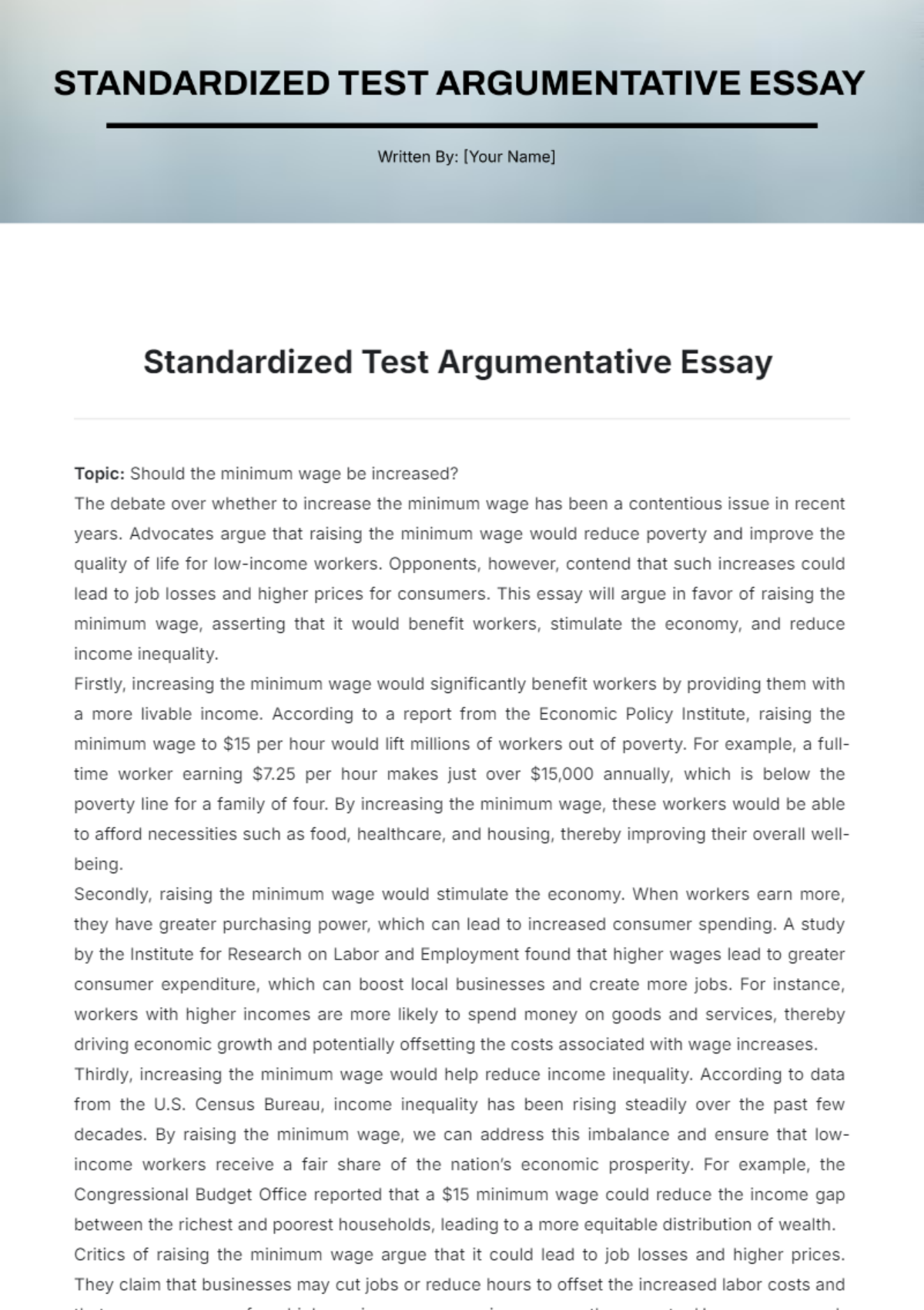 Standardized Test Argumentative Essay Template - Edit Online & Download