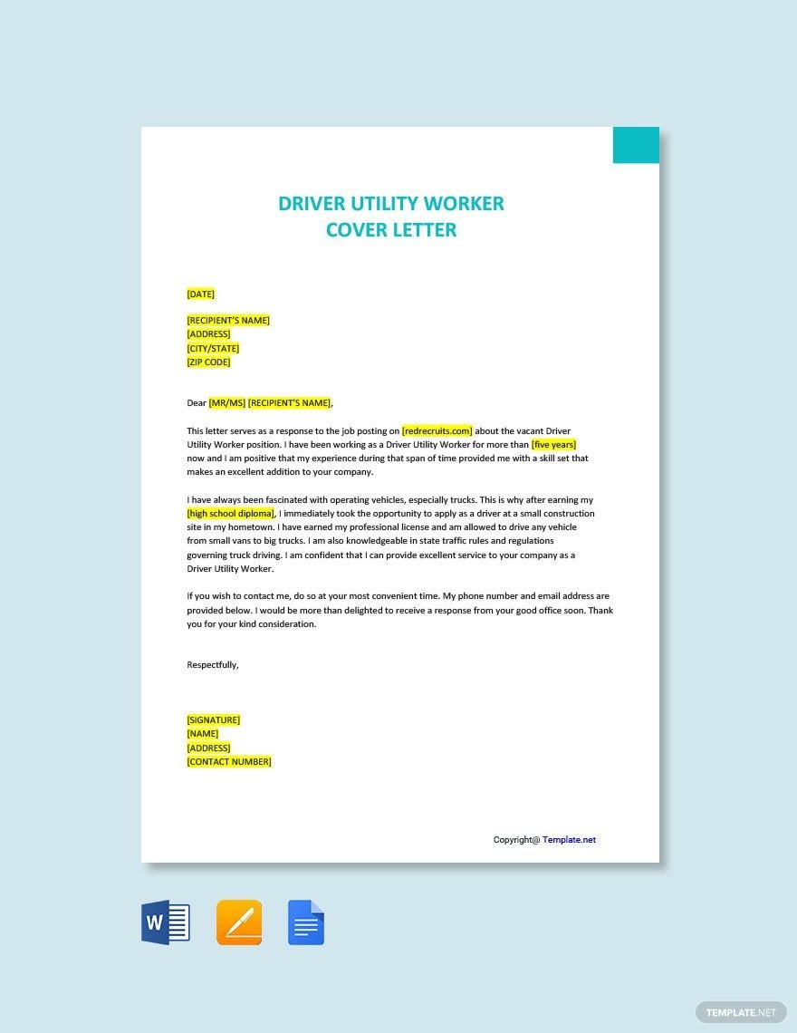 Driver Utility Worker Cover Letter Template