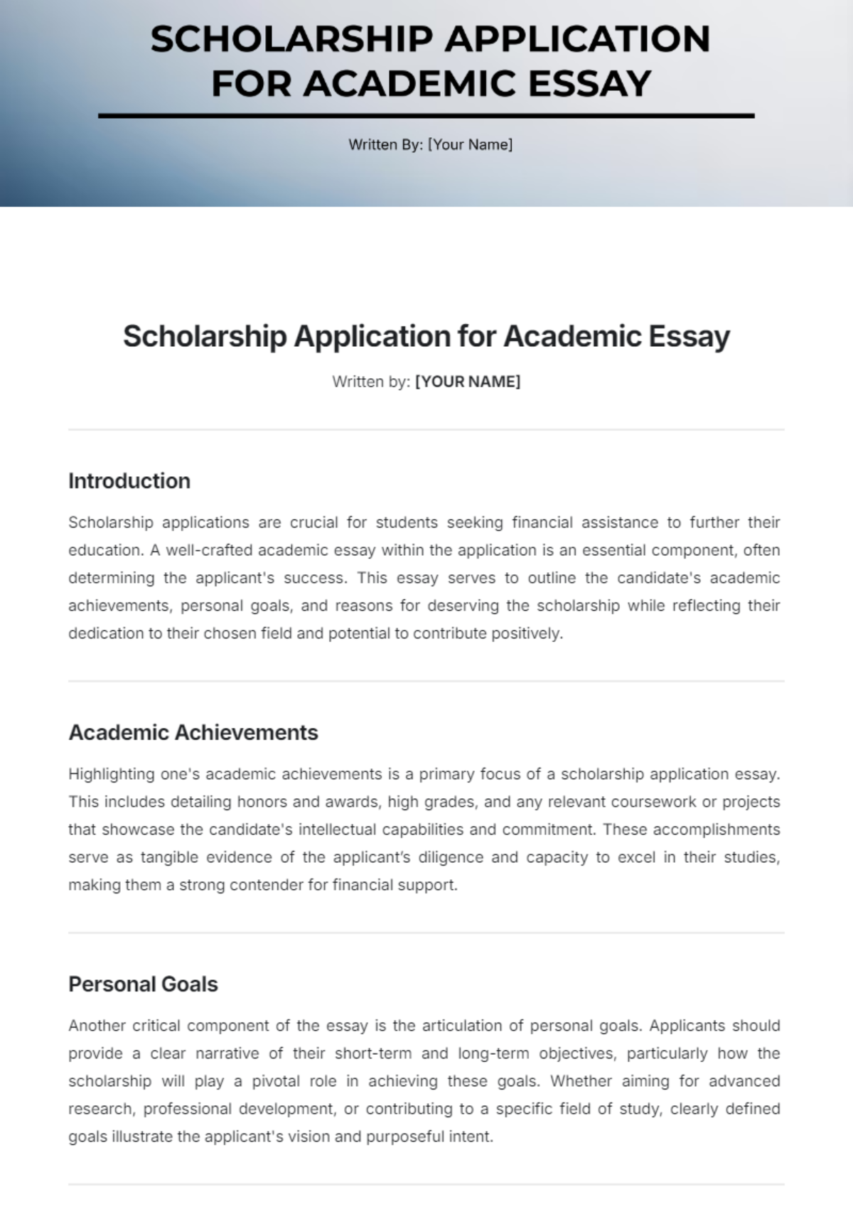 Scholarship Application for Academic Essay Template - Edit Online & Download