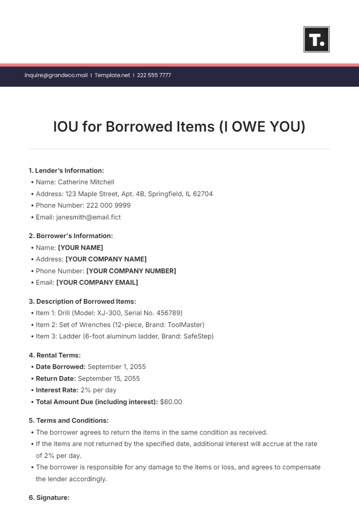 IOU for Borrowed Items Template - Edit Online & Download