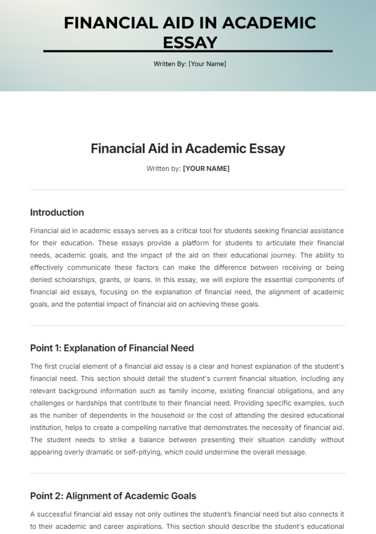 Financial Aid in Academic  Essay Template - Edit Online & Download