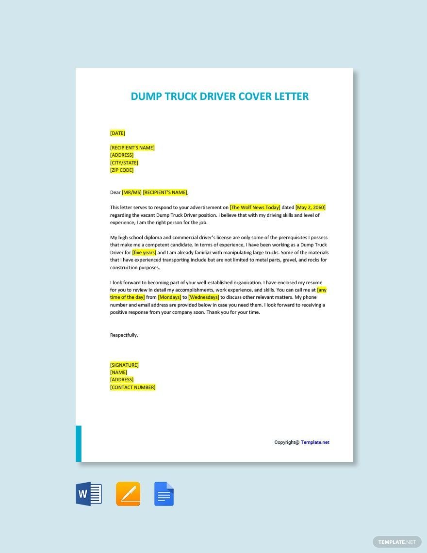 Dump Truck Driver Cover Letter Template