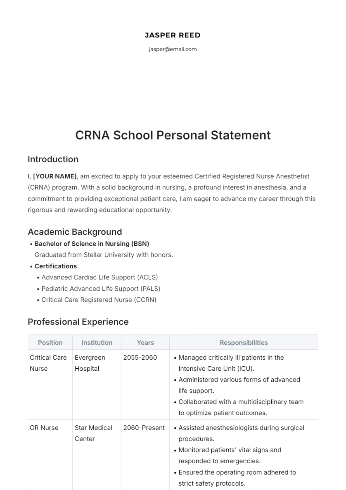 CRNA School Personal Statement Template