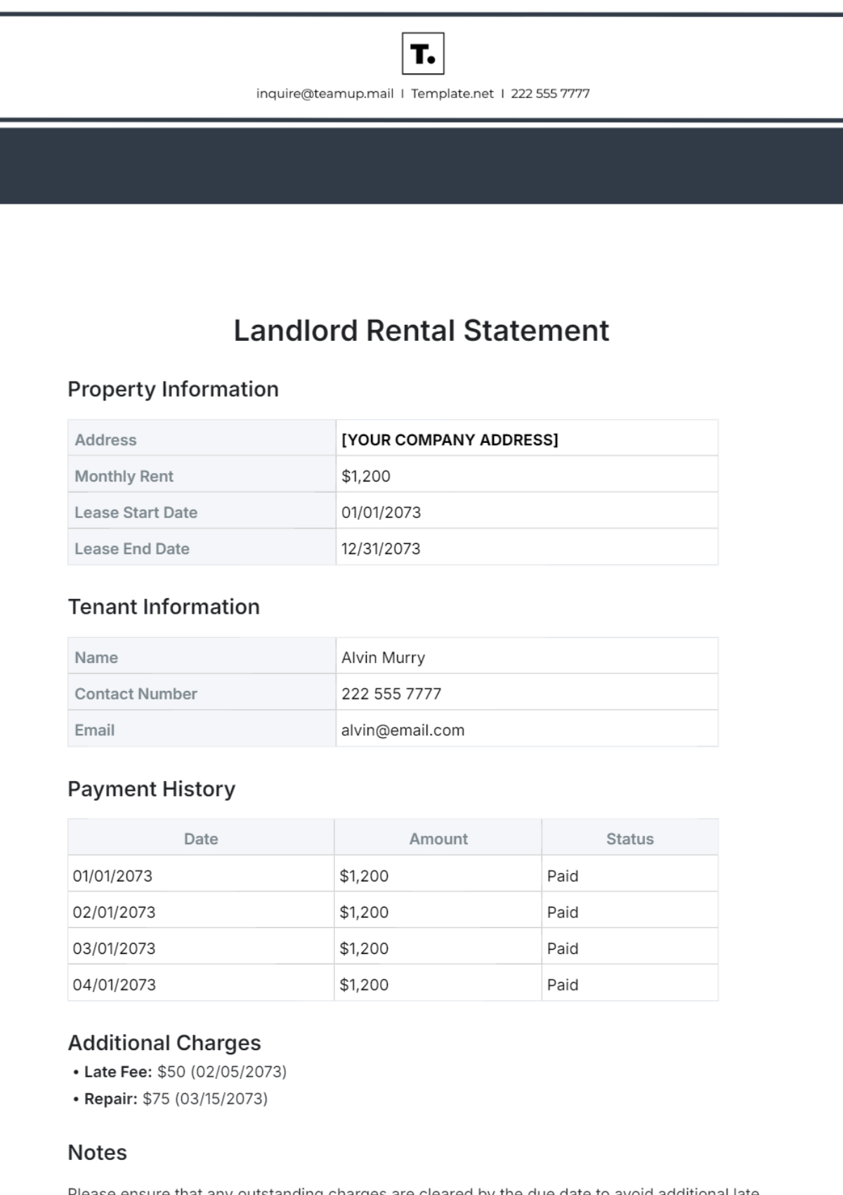 Landlord Rental Statement Template