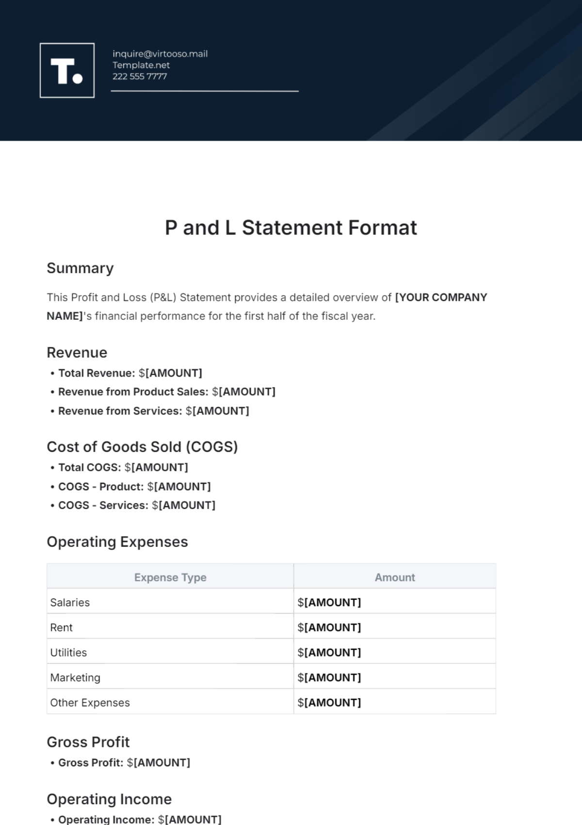 P and L Statement Format Template