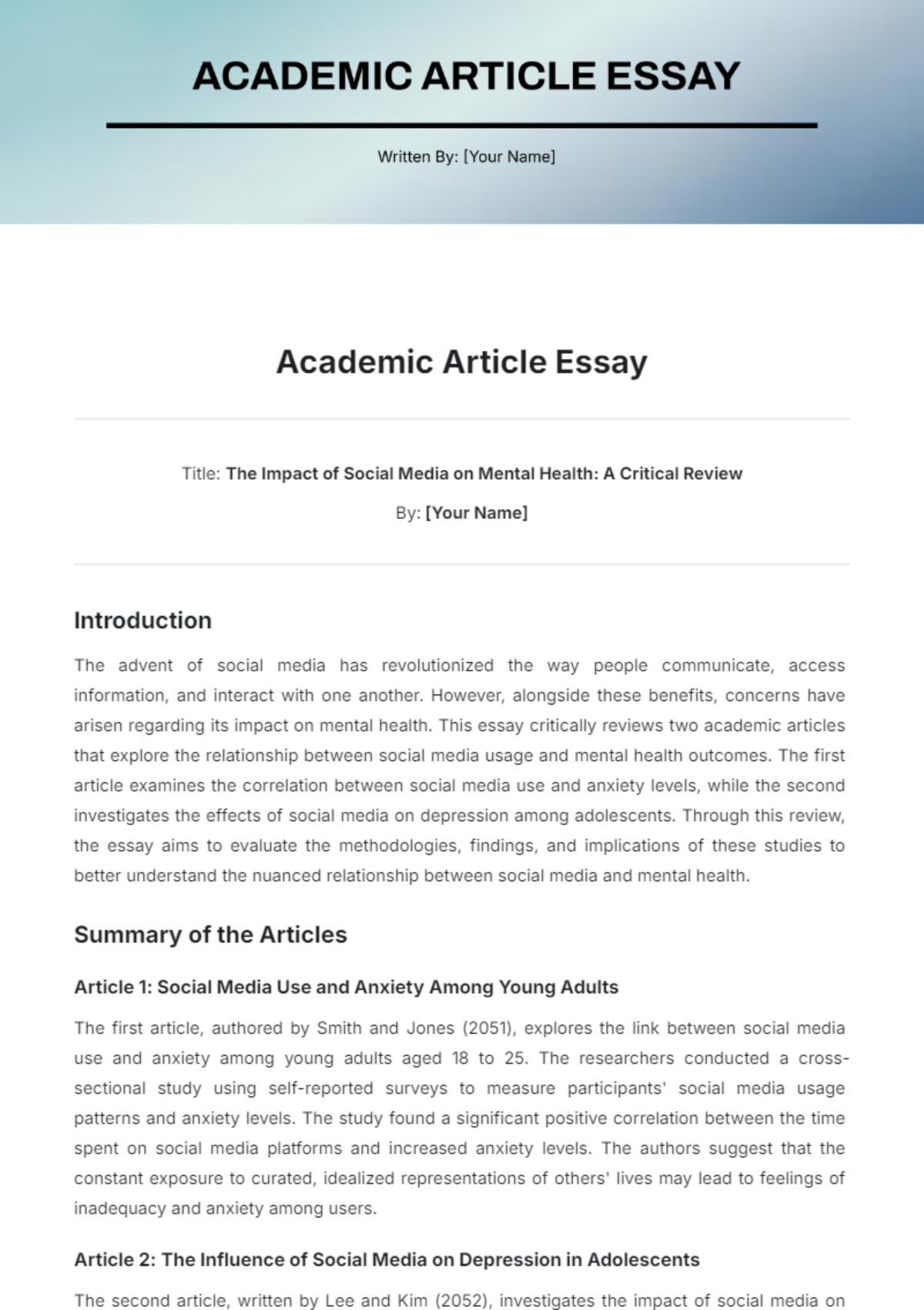 Academic Article Essay Template - Edit Online & Download