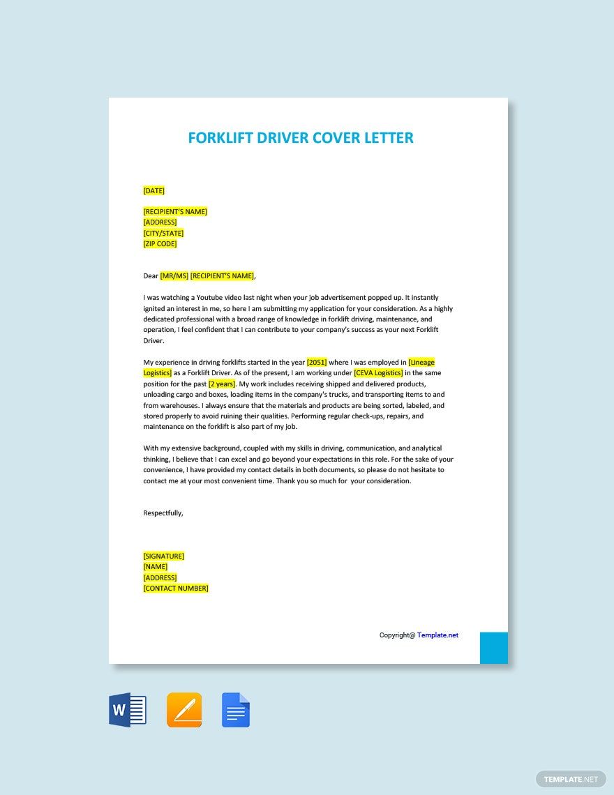 Free Forklift Driver Cover Letter