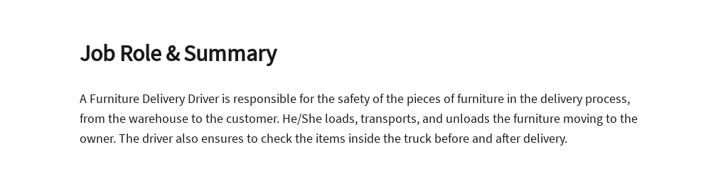 Free Furniture Delivery Driver Job Description Template Google Docs 