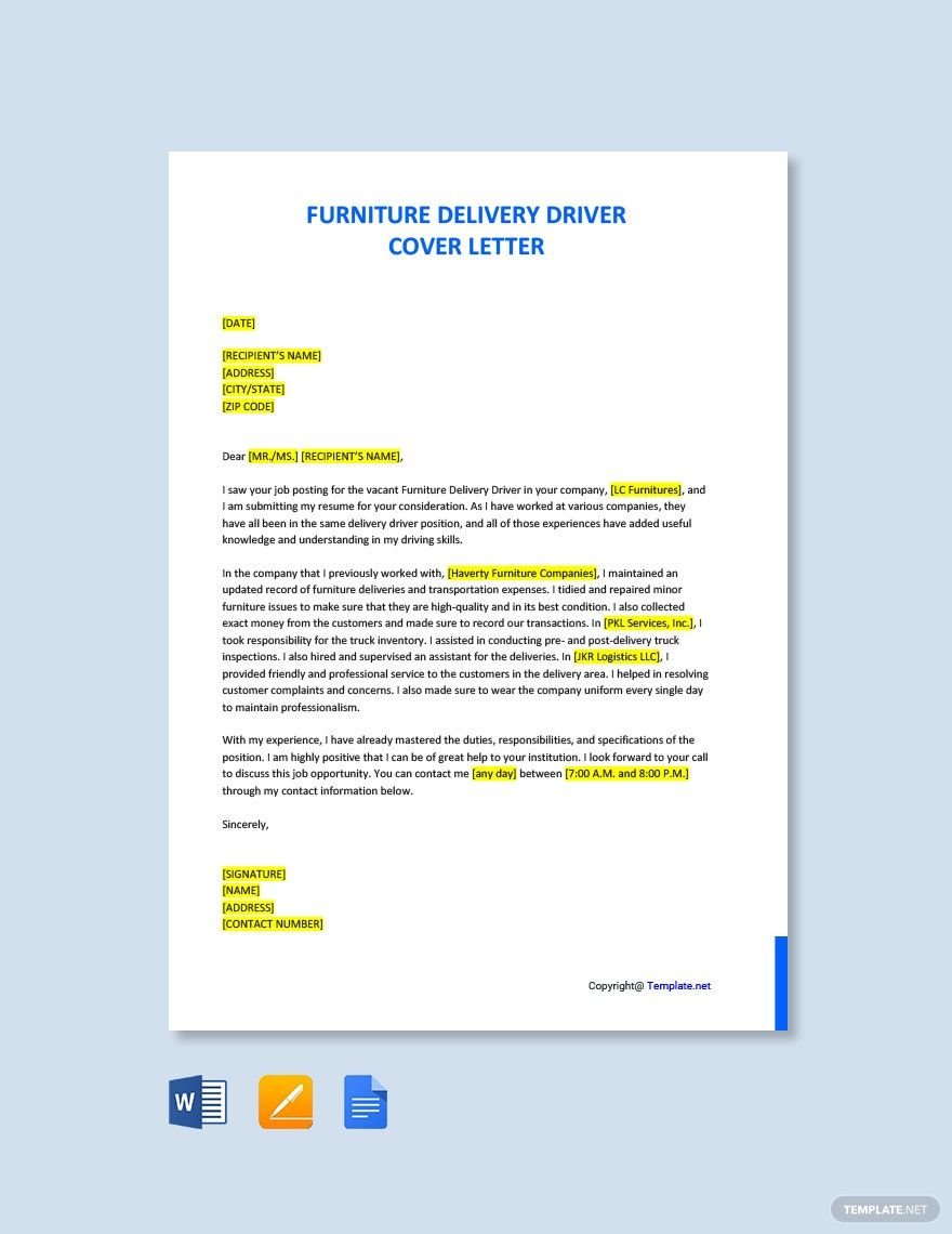 Free Furniture Delivery Driver Cover Letter Template