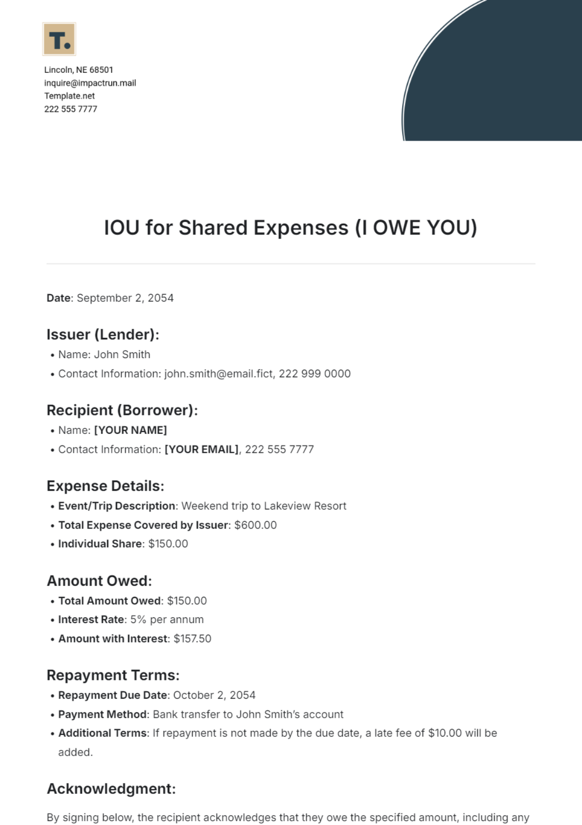 IOU for Shared Expenses Template - Edit Online & Download