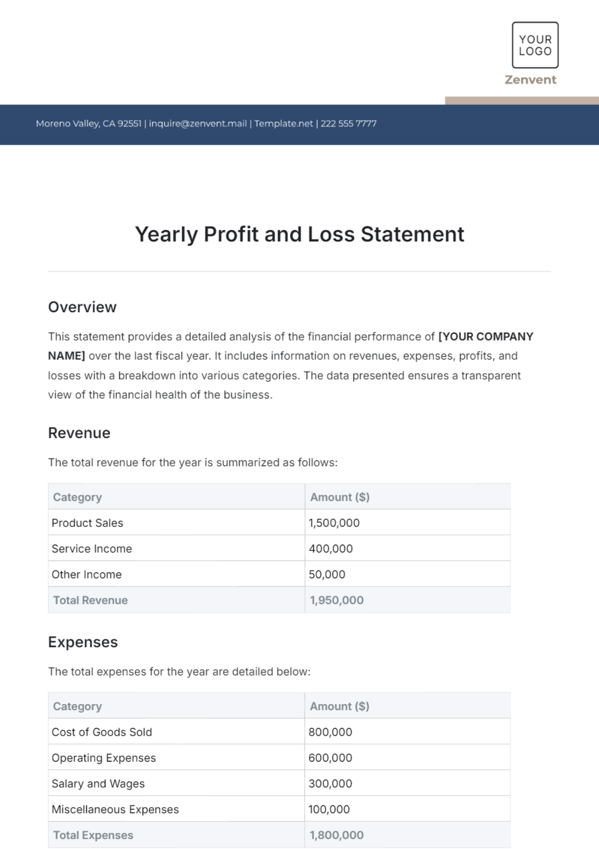 Yearly Profit and Loss Statement Template - Edit Online & Download