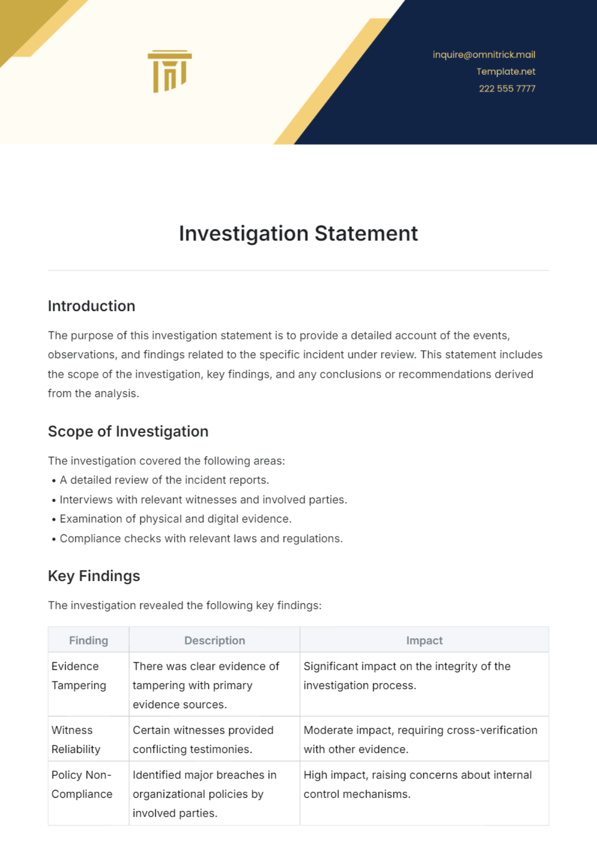 Investigation Statement Template