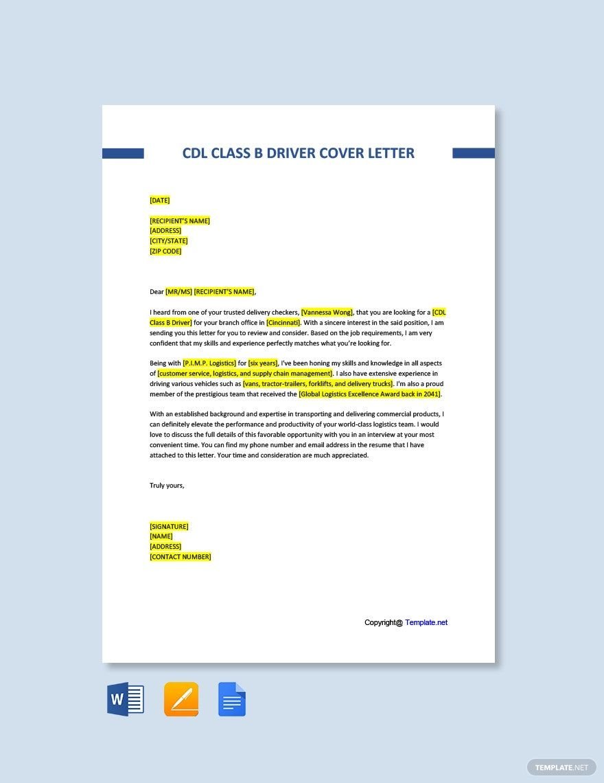 Free CDL Class B Driver Cover Letter