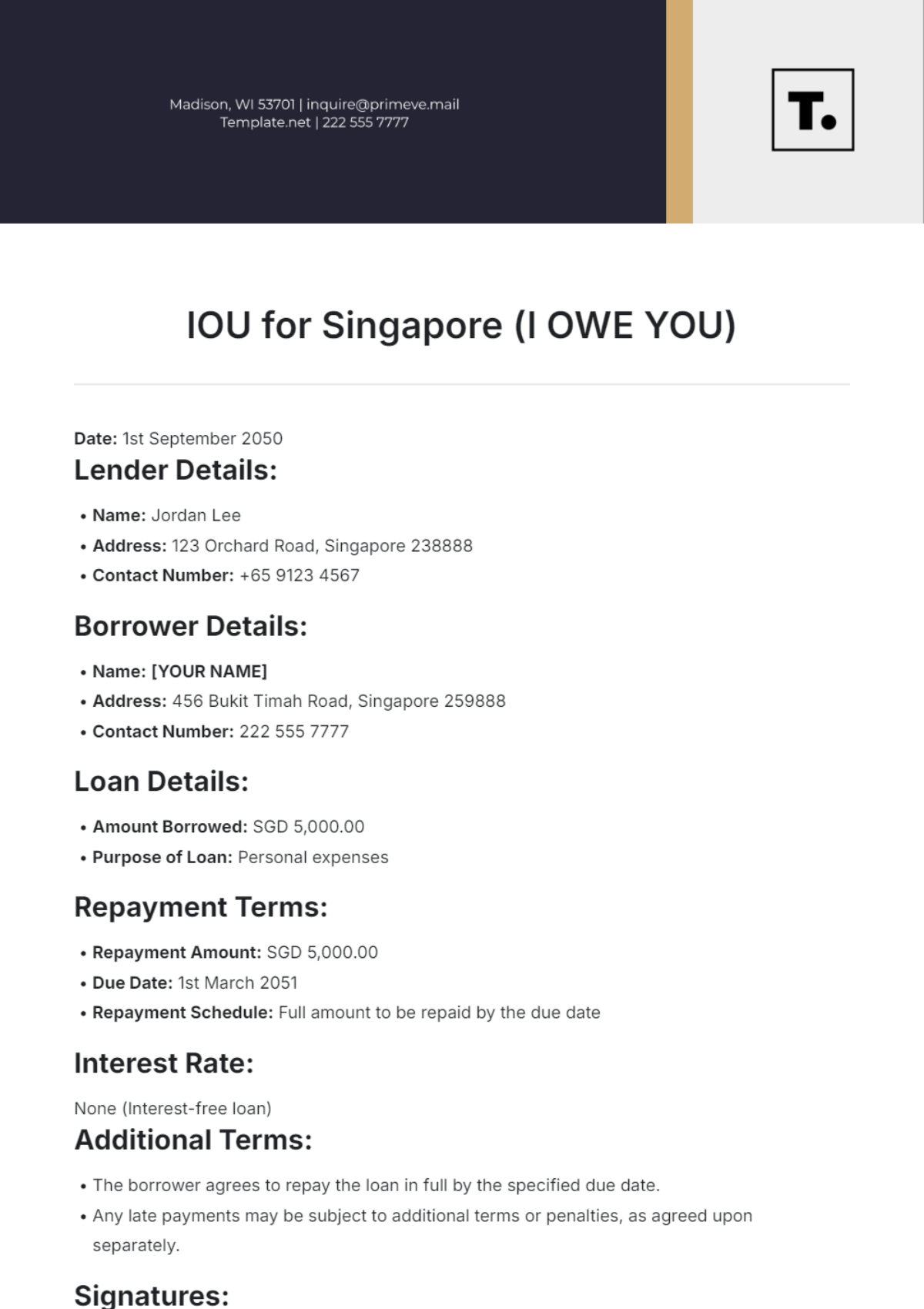 IOU for Singapore Template - Edit Online & Download