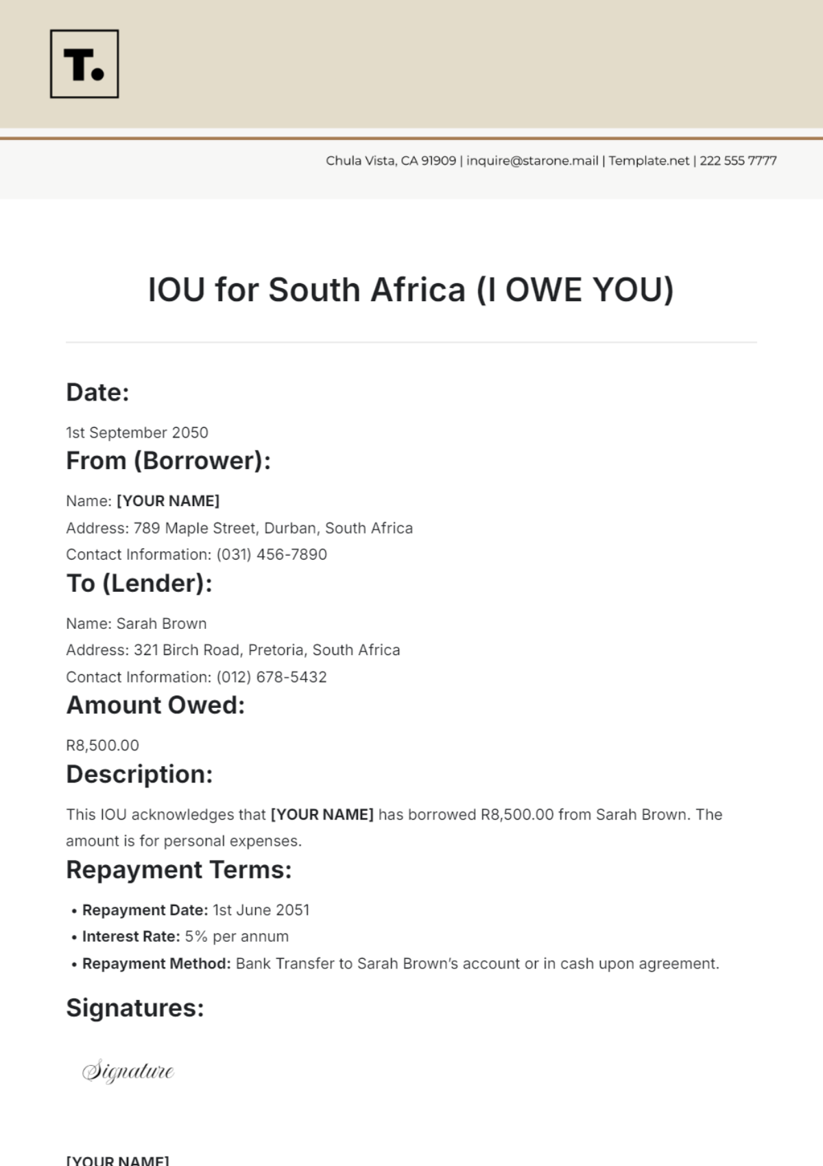 IOU for South Africa Template - Edit Online & Download