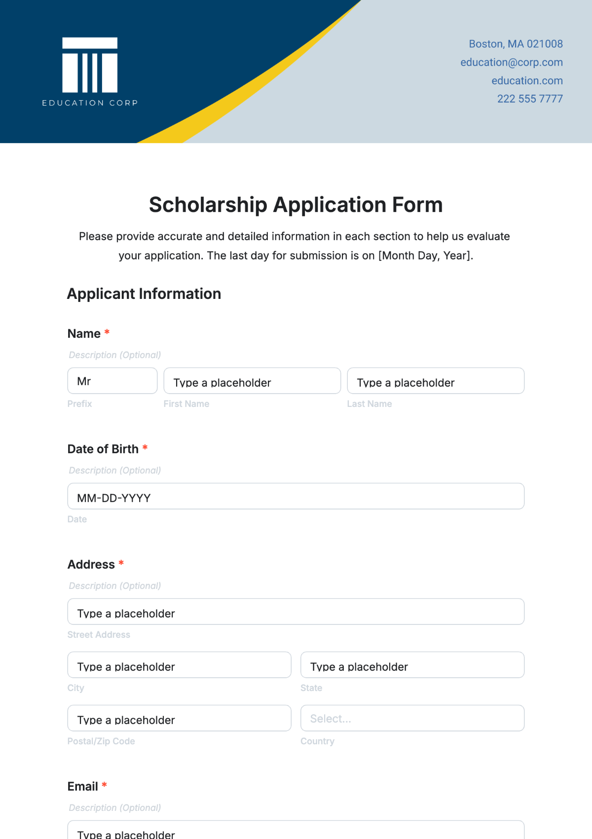 Scholarship Application Form Template - Edit Online & Download