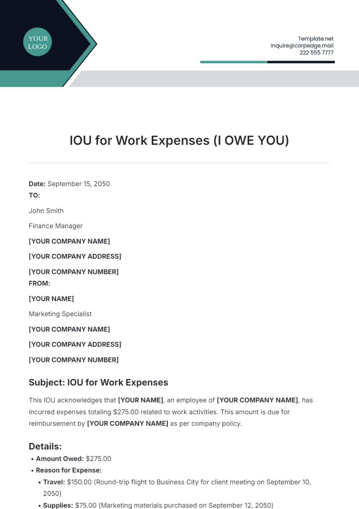 IOU for Work Expenses Template - Edit Online & Download