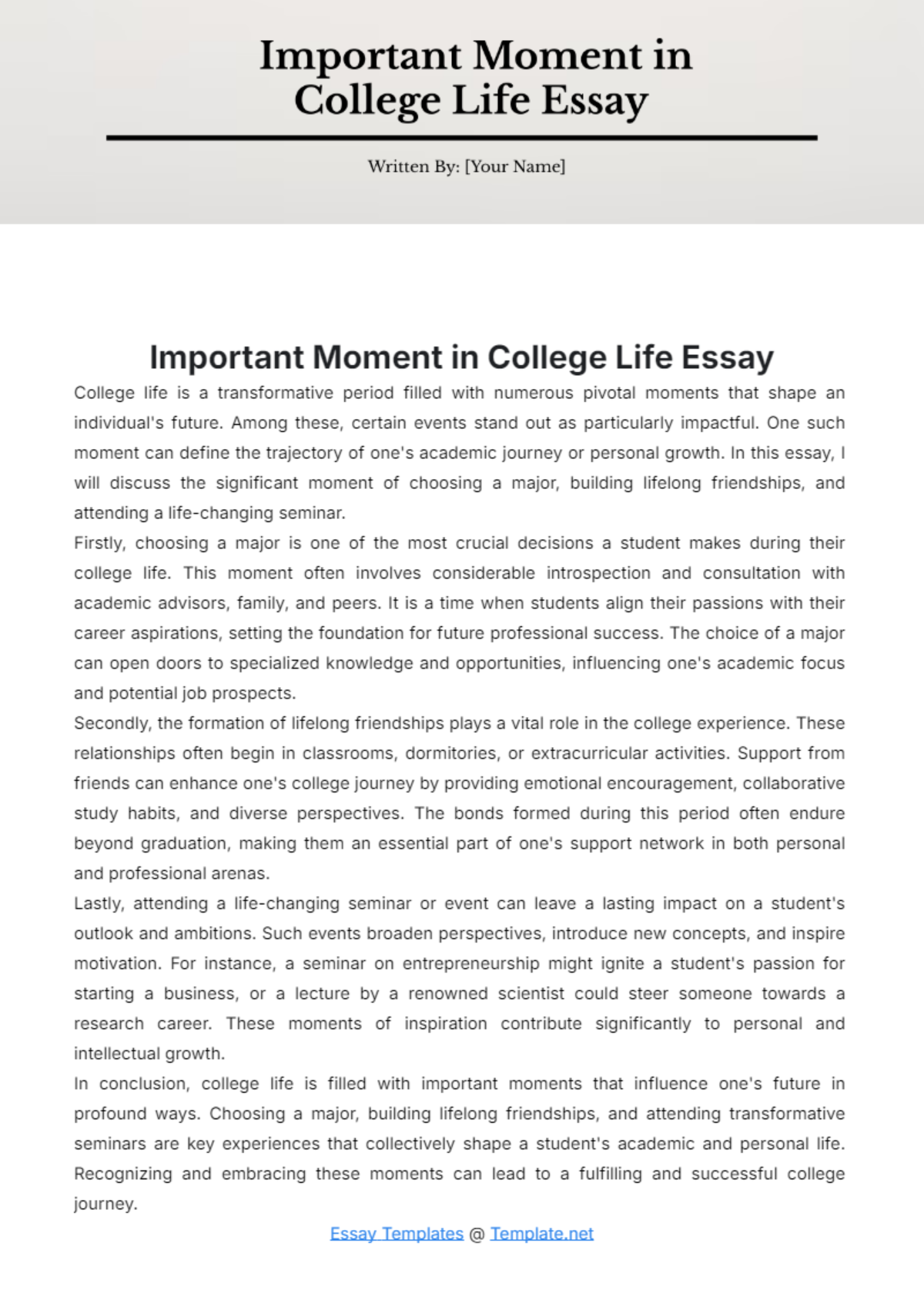 Important Moment in College Life  Essay Template - Edit Online & Download