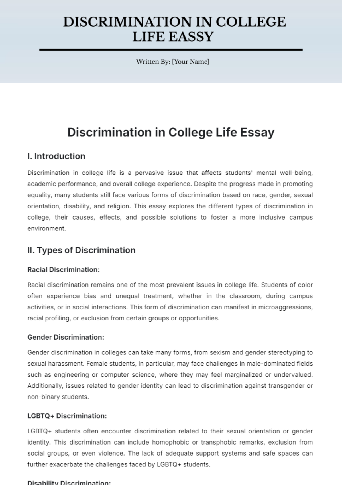 Discrimination in College Life Essay Template - Edit Online & Download