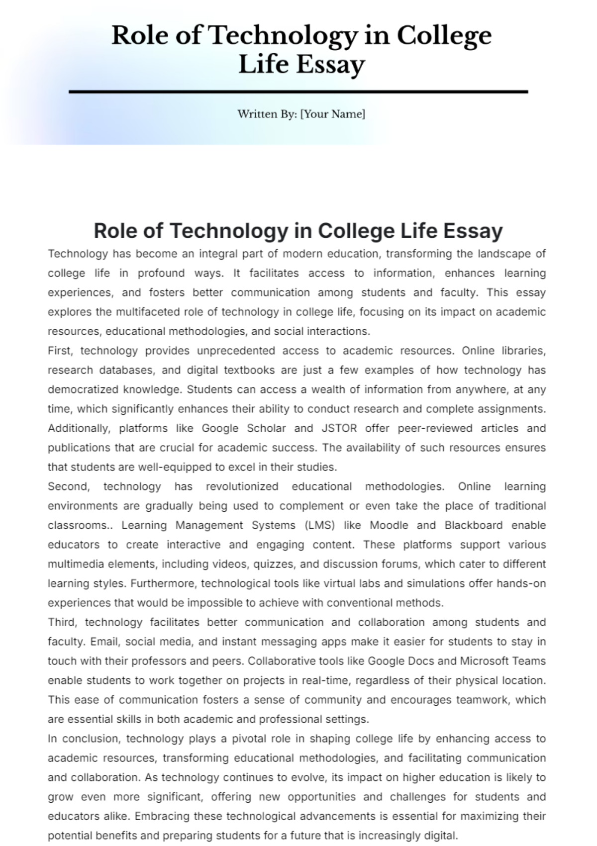 Role of Technology in College Life Essay Template - Edit Online & Download