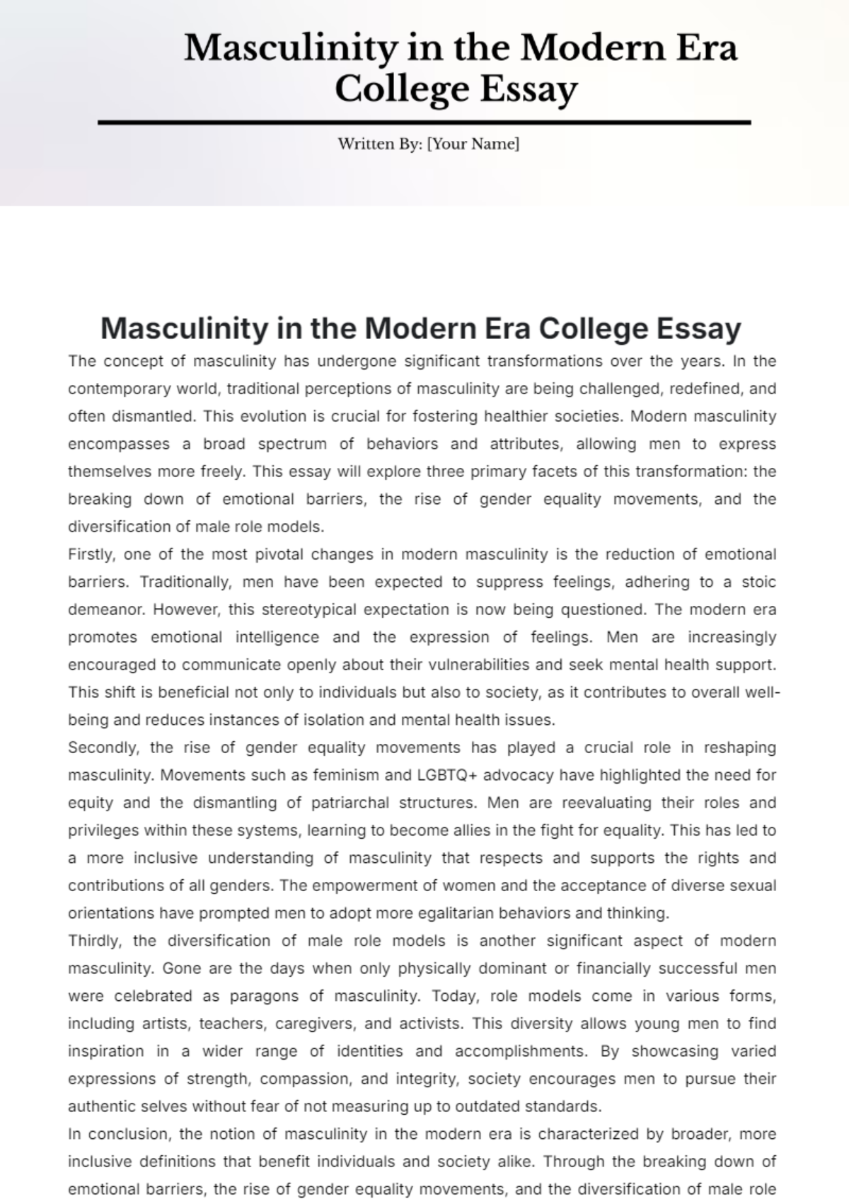 Masculinity in Modern Era College Essay Template - Edit Online & Download