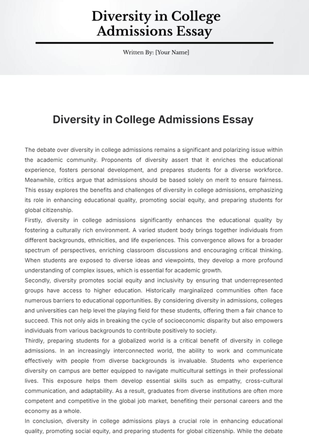 Diversity in College Admissions Essay Template - Edit Online & Download