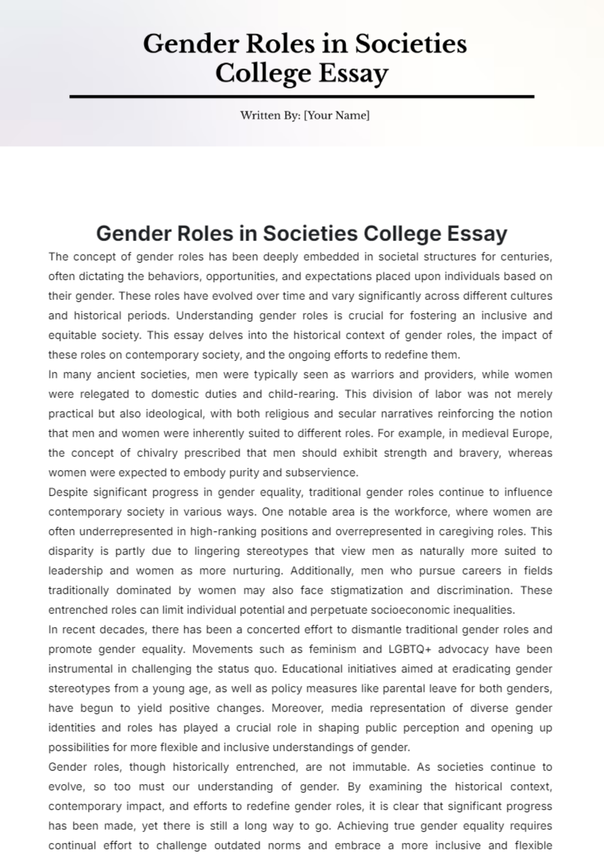 Gender Roles in Societies College Essay Template - Edit Online & Download