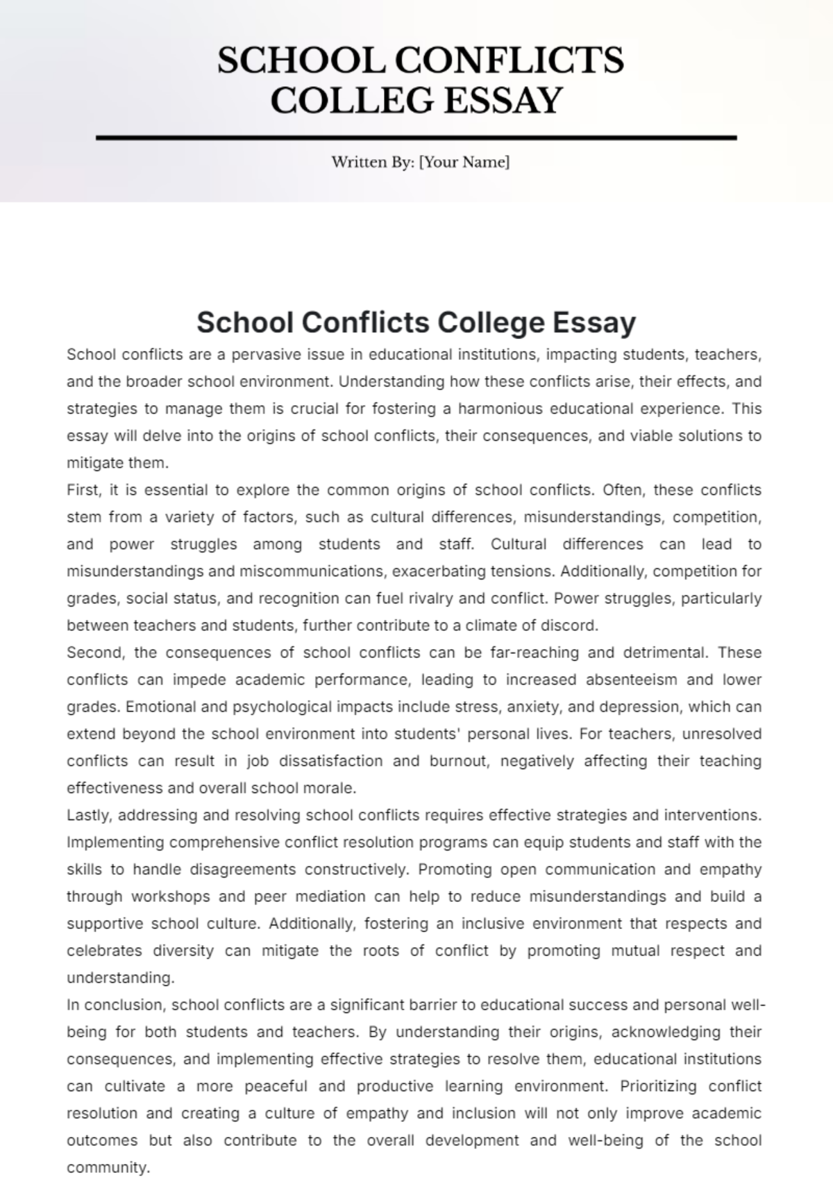 School Conflicts College Essay Template - Edit Online & Download