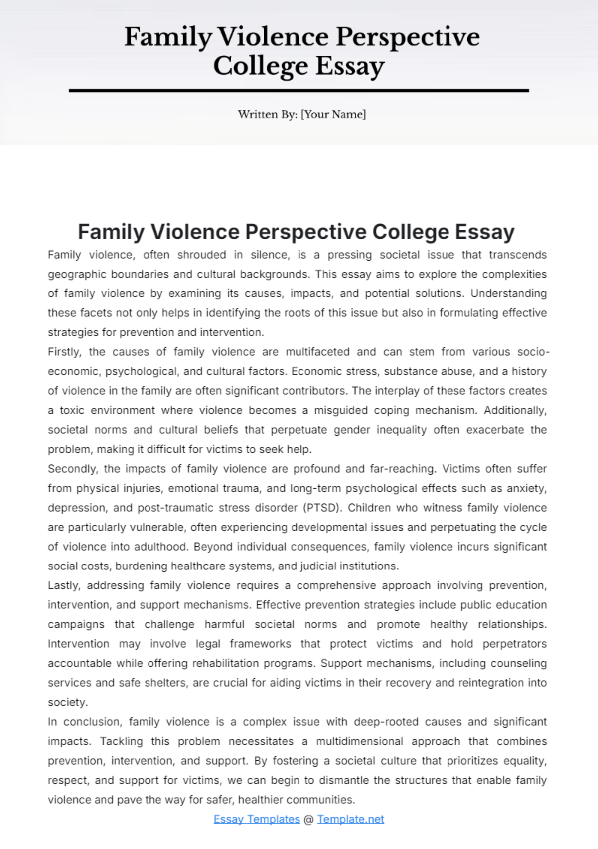 Family Violence Perspective College Essay Template - Edit Online & Download