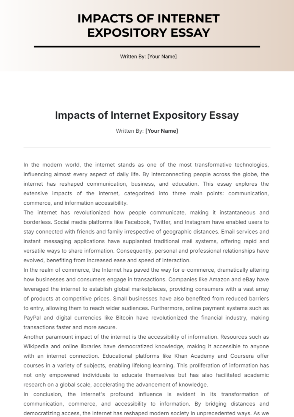 Impacts of Internet Expository Essay Template - Edit Online & Download