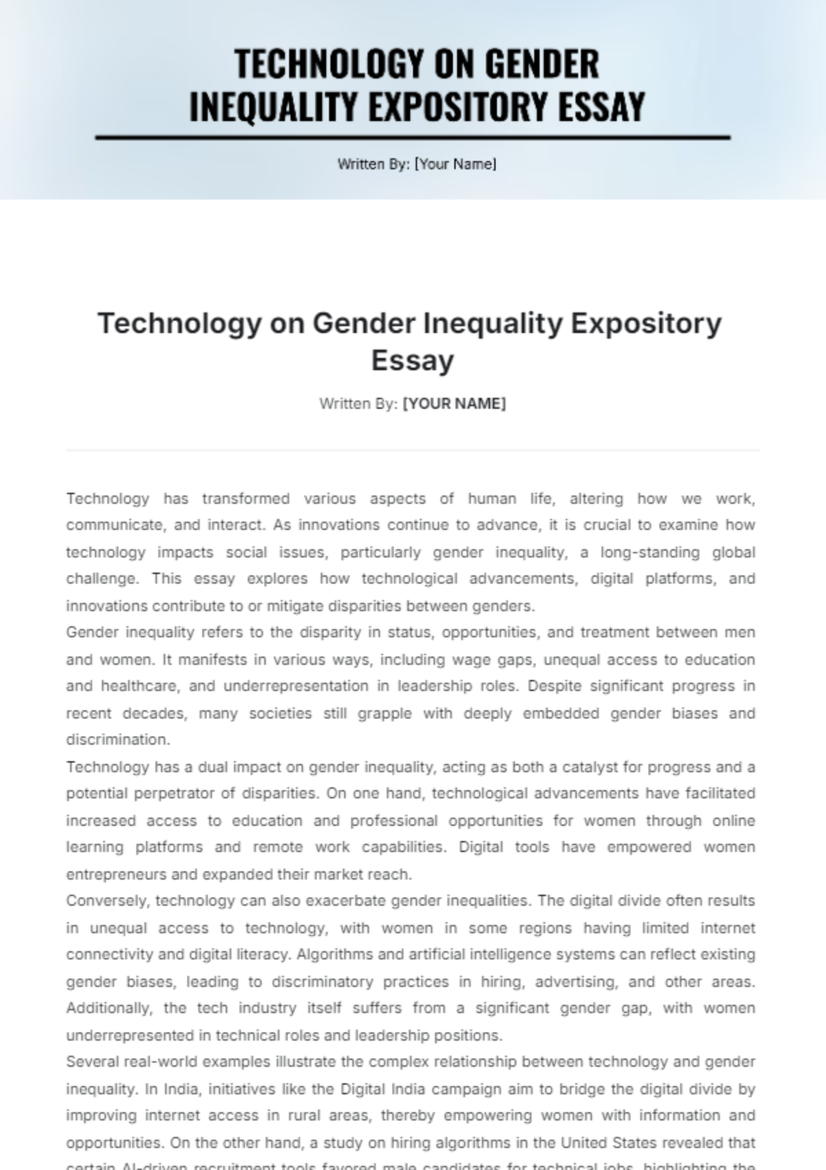 Technology on Gender Inequality Expository Essay Template - Edit Online & Download