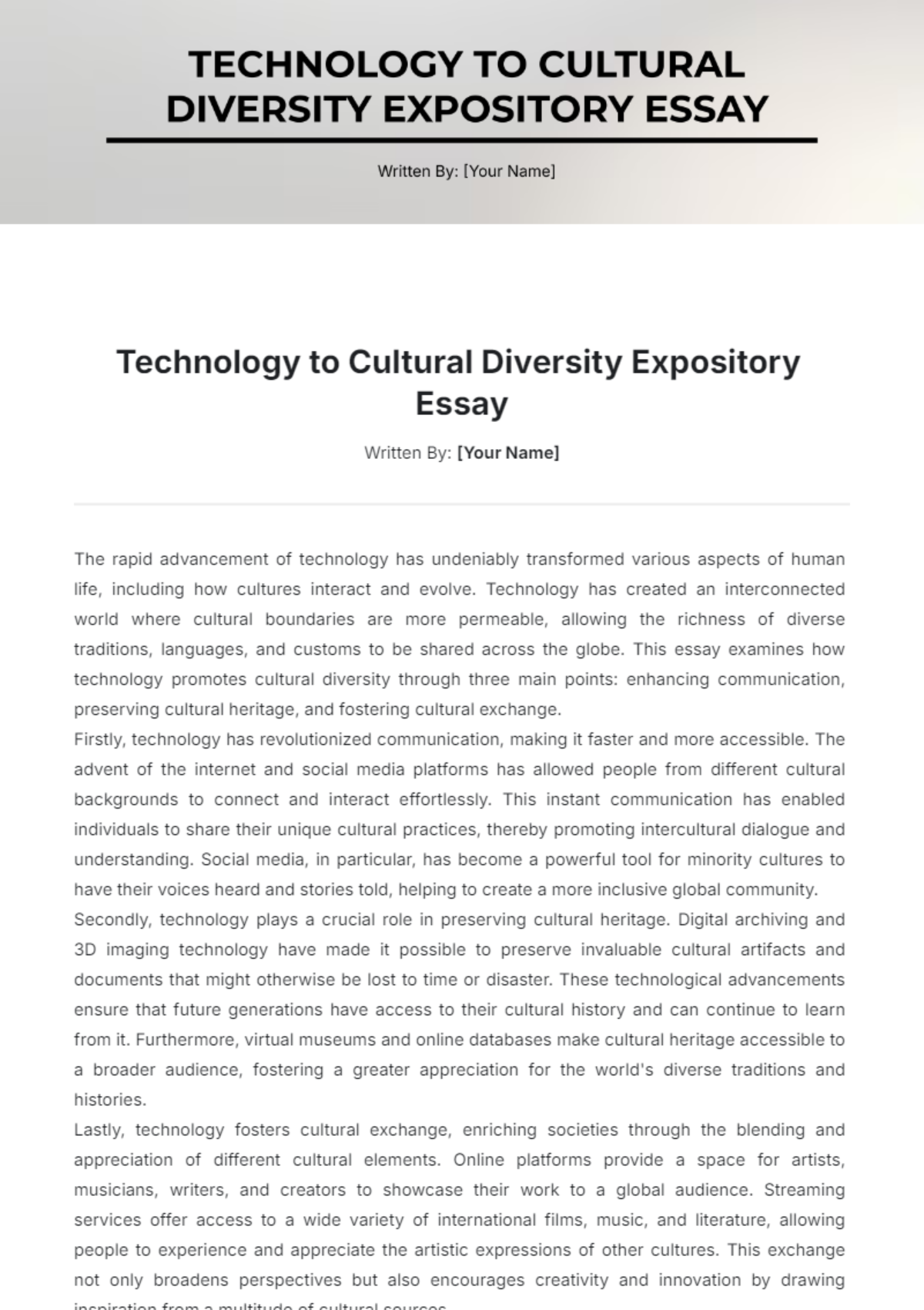 Technology to Cultural Diversity Expository Essay Template - Edit Online & Download