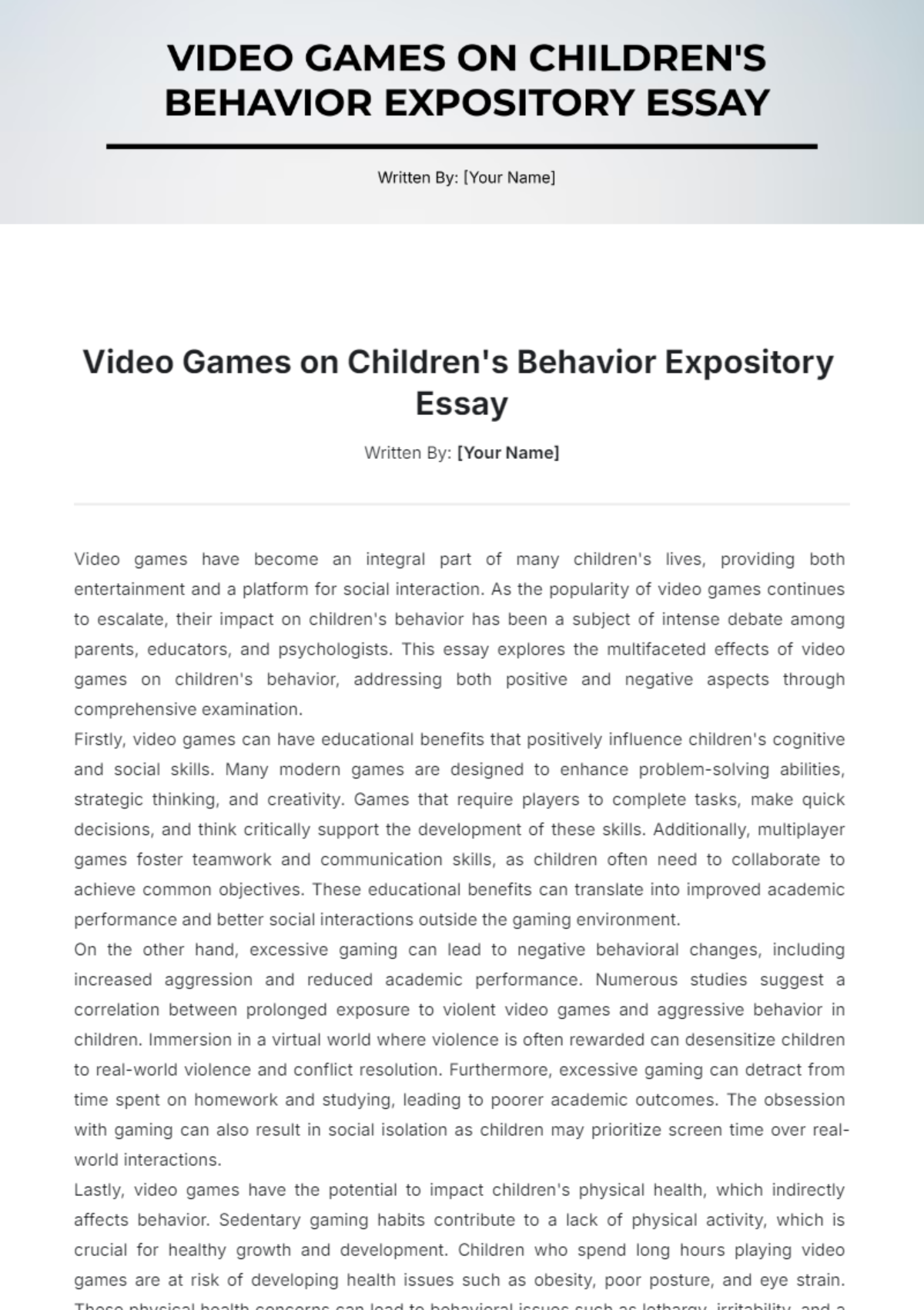 Video Games on Children's Behavior Expository Essay Template - Edit Online & Download