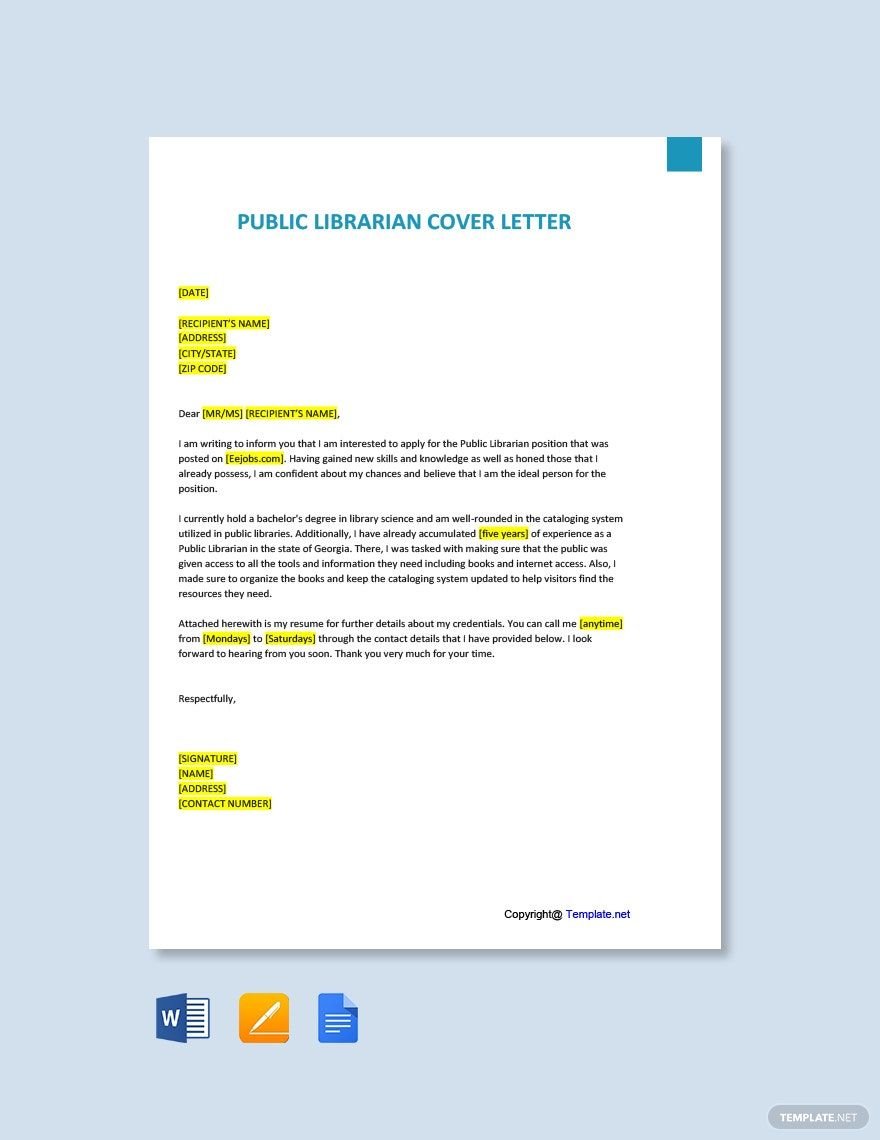 Public Librarian Cover Letter Template