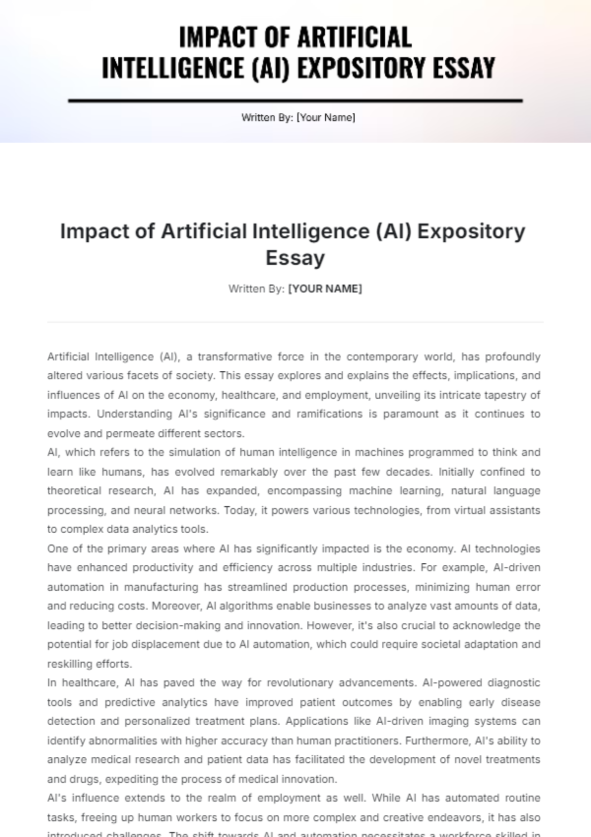 Impact of Artificial Intelligence %28AI%29 Expository Essay Template - Edit Online & Download