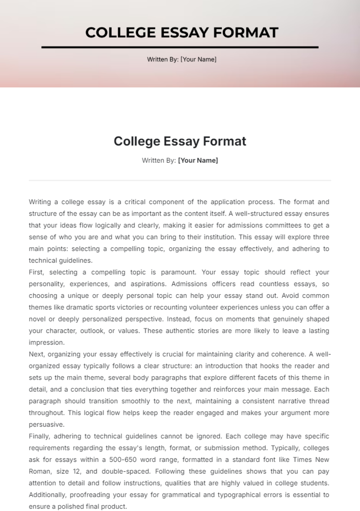 College Essay Format Template - Edit Online & Download