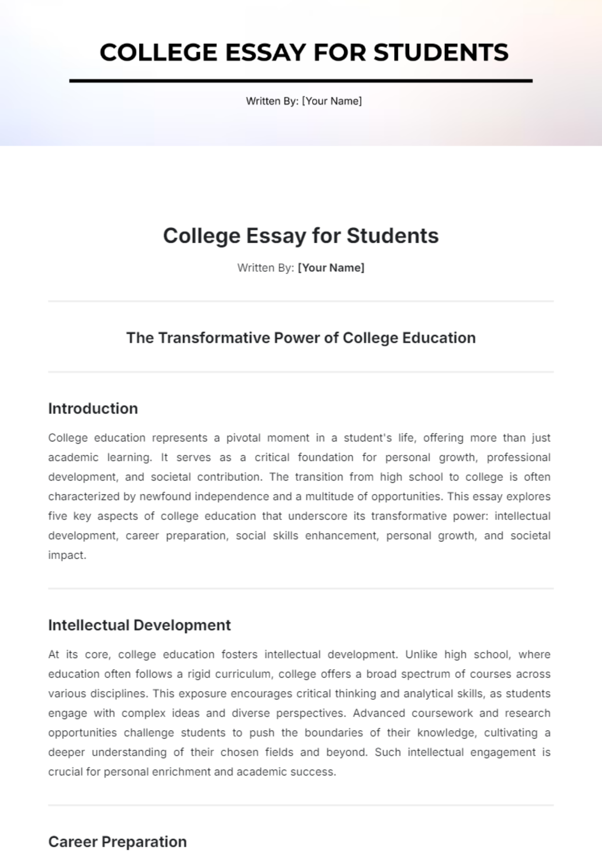 College Essay for Students Template - Edit Online & Download