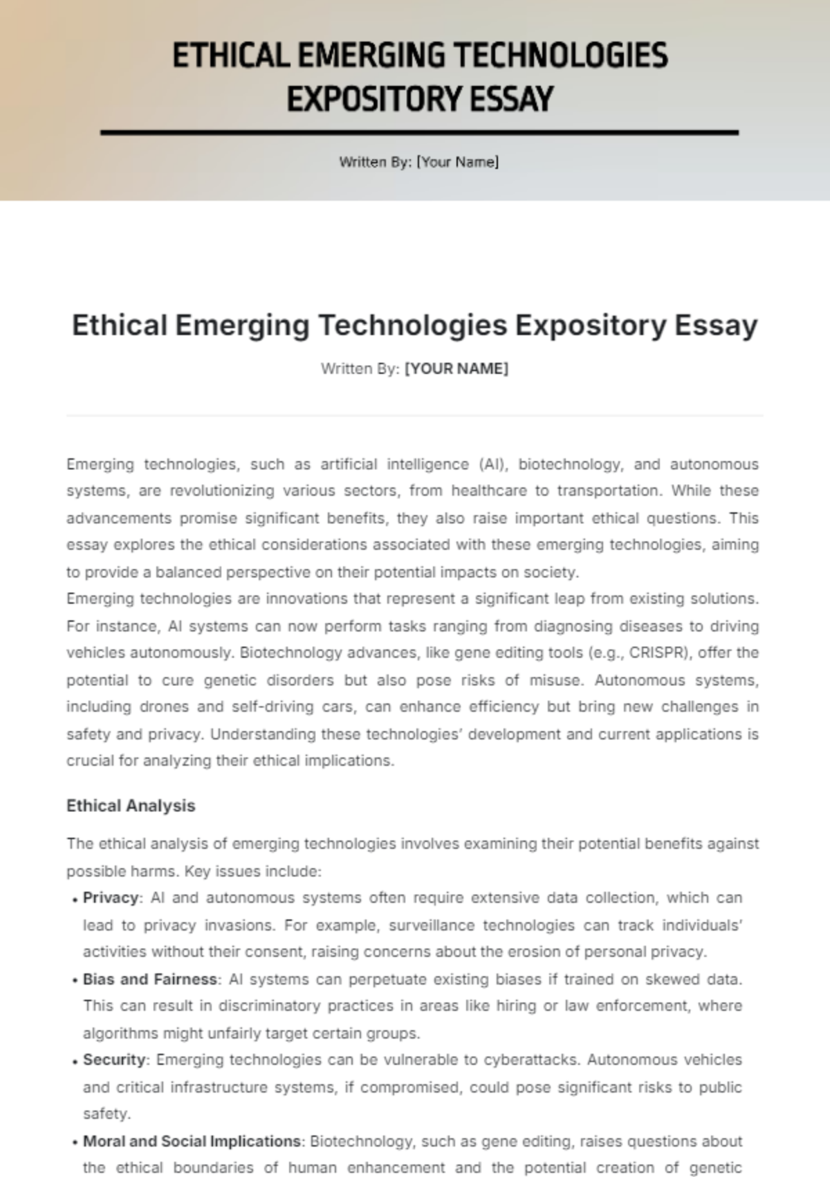 Ethical Emerging Technologies Expository Essay Template - Edit Online & Download