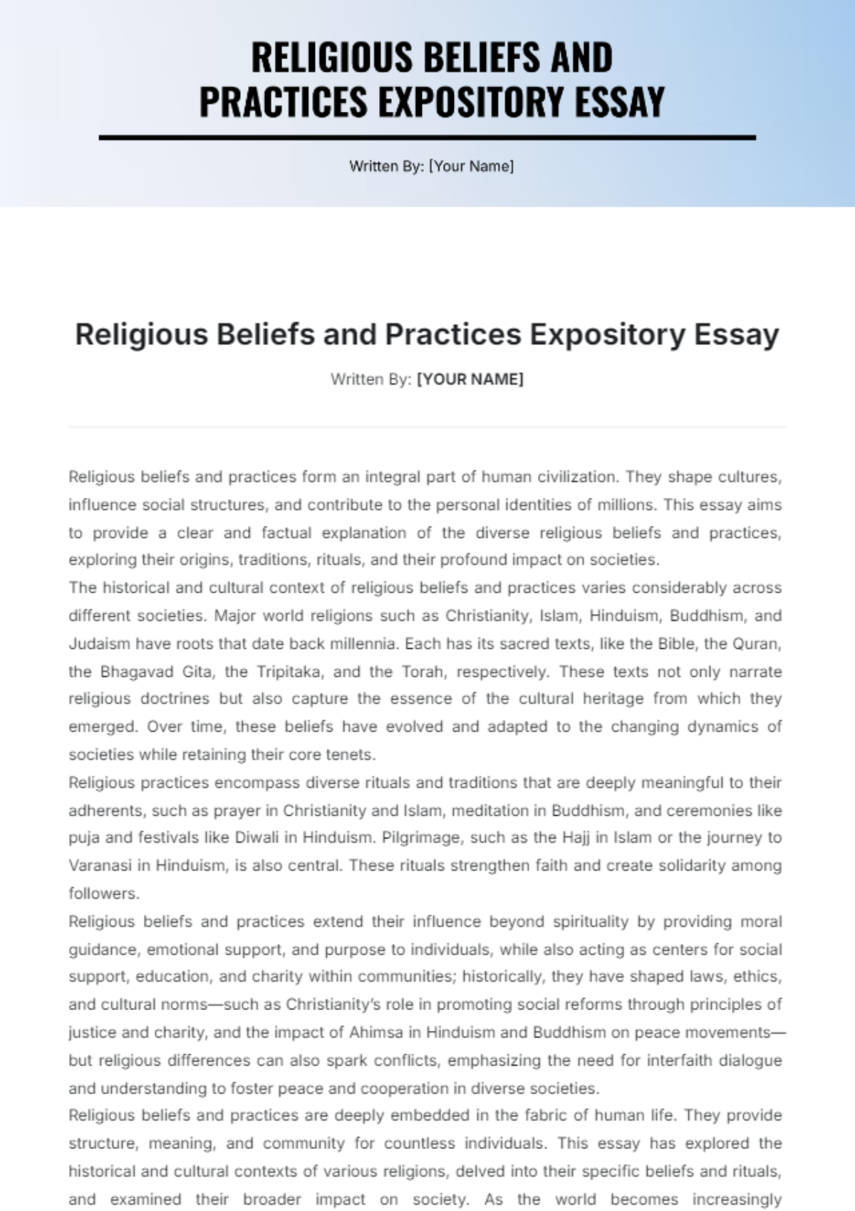 Free Religious Beliefs and Practices Expository Essay Template - Edit ...