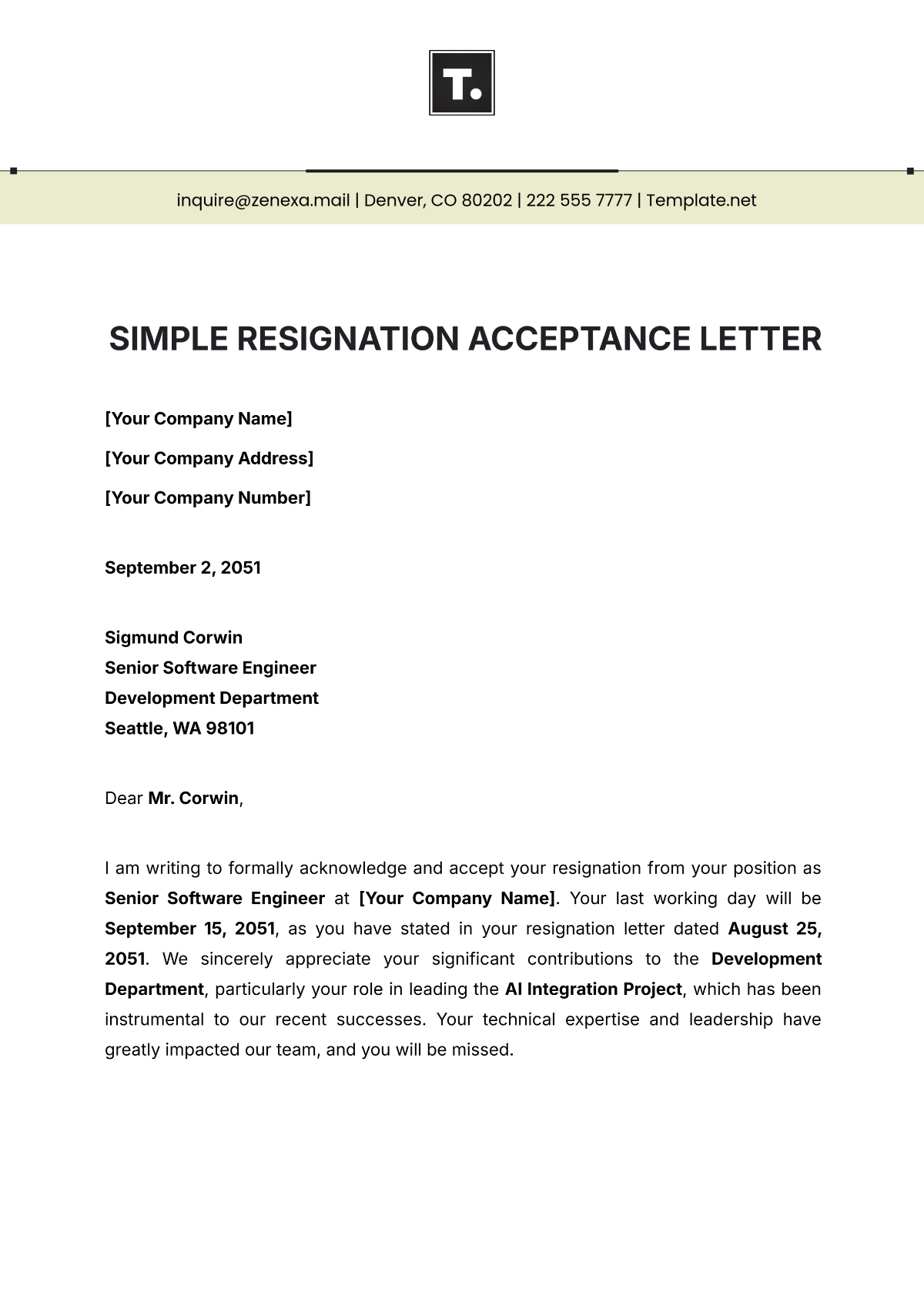 Simple Resignation Acceptance Letter Template - Edit Online & Download