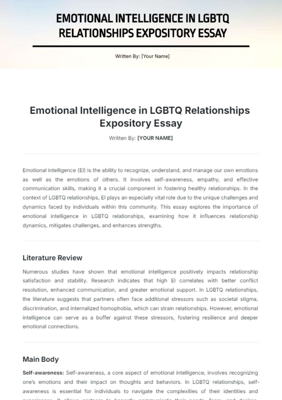 Emotional Intelligence in LGBTQ Relationships Expository Essay Template - Edit Online & Download