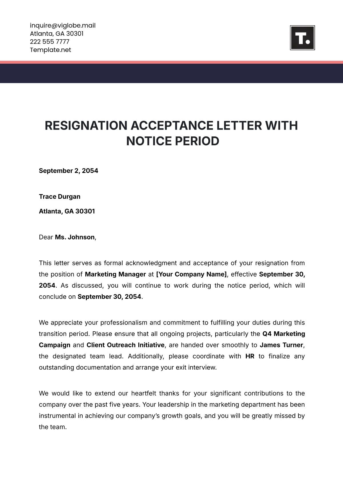 Resignation Acceptance Letter with Notice Period Template - Edit Online & Download