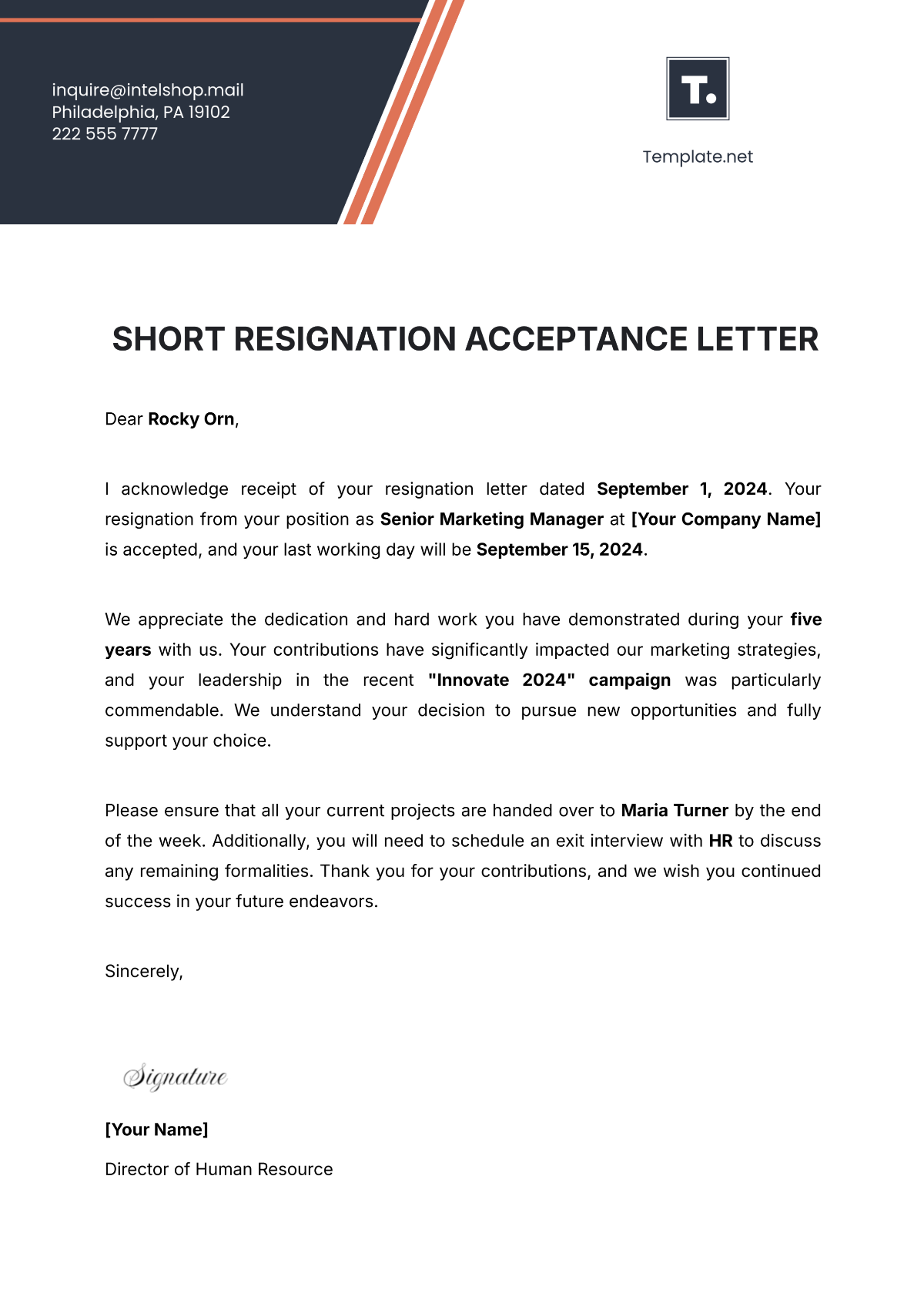 Short Resignation Acceptance Letter Template - Edit Online & Download