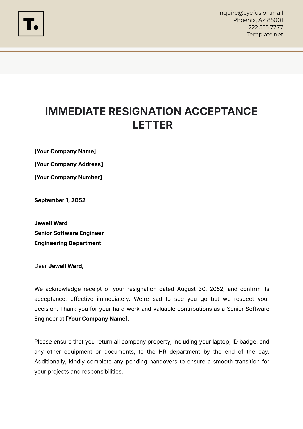 Immediate Resignation Acceptance Letter Template - Edit Online & Download