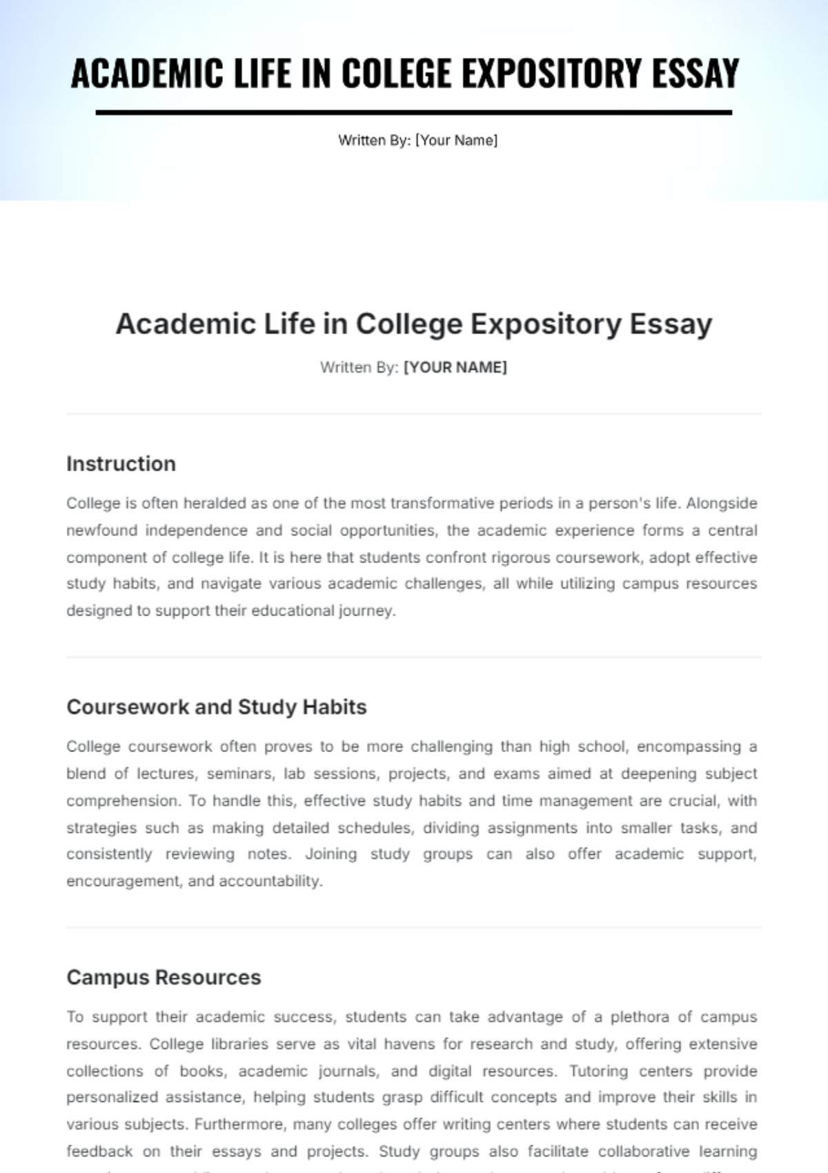 Academic Life in College Expository Essay Template - Edit Online & Download