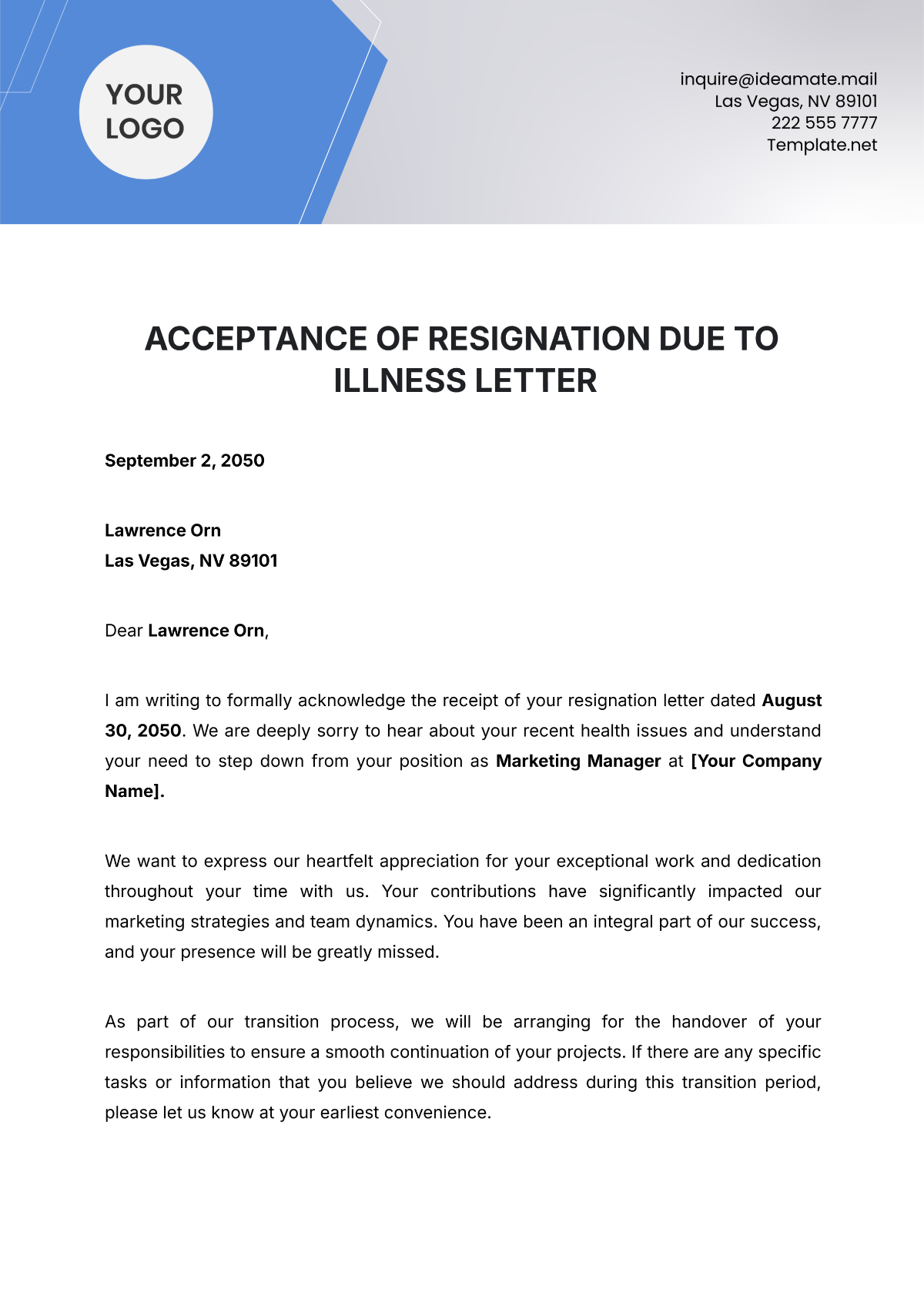 Acceptance of Resignation Due to Illness Letter Template - Edit Online & Download