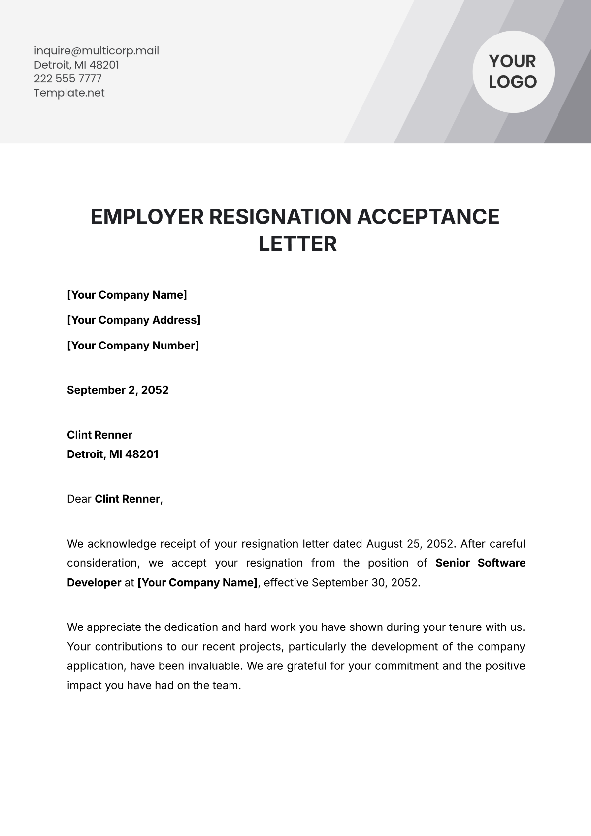 Employer Resignation Acceptance Letter Template - Edit Online & Download