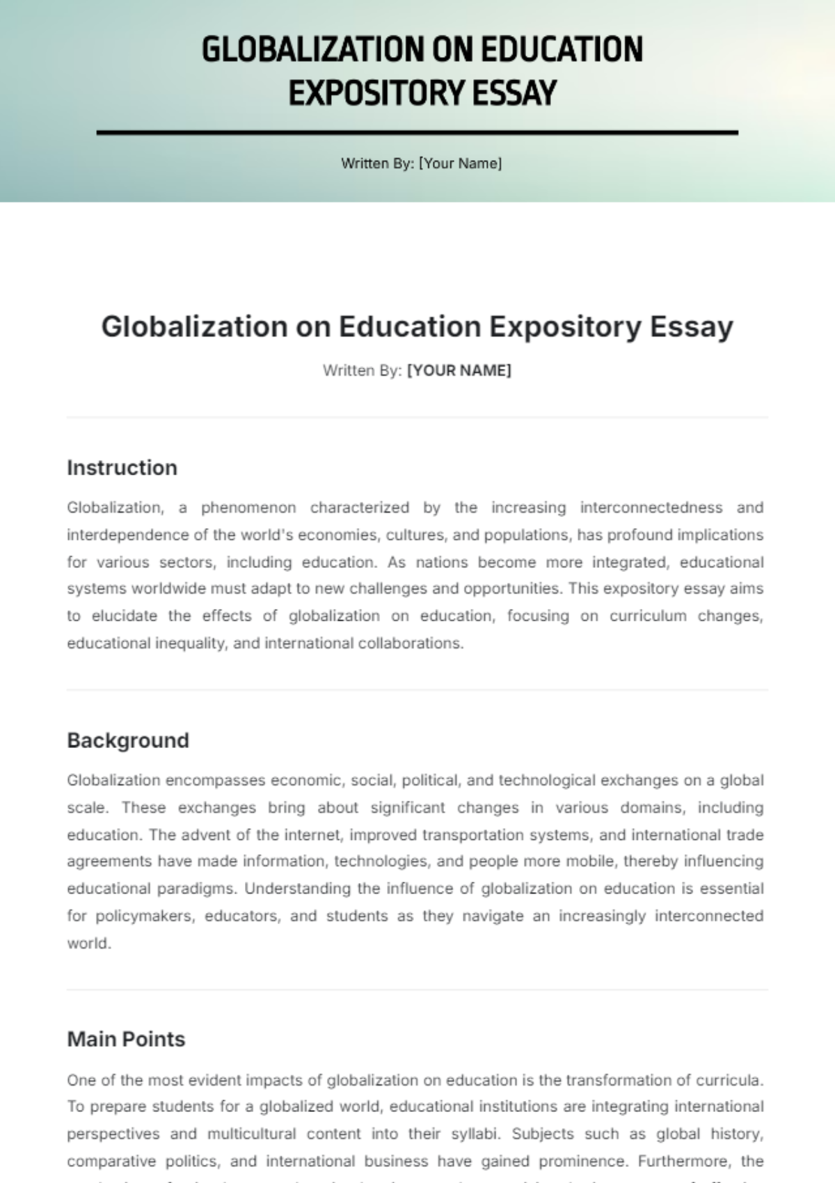 Globalization on Education Expository Essay Template - Edit Online & Download